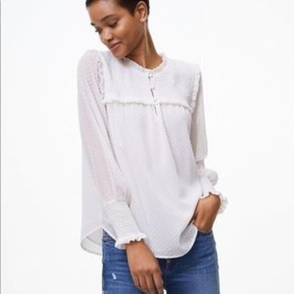 Loft white chiffon swiss dot long sleeve blouse size S - Picture 1 of 12